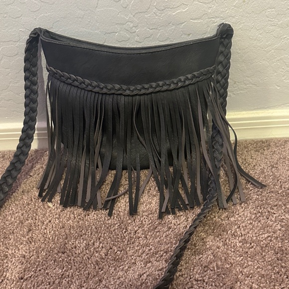 Black Fringe Shoulder Bag with Braided Strap - Picture 6 of 6